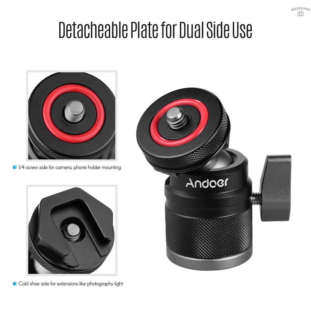 ღ Andoer 2 in 1 Mini Cold Shoe Ball Head Dual Use with 1/4 Screw Cold Shoe Mount 360° Swivel Aluminum Alloy Compatible with Camera Phone Holder Speedlite Tripod Selfie Stick