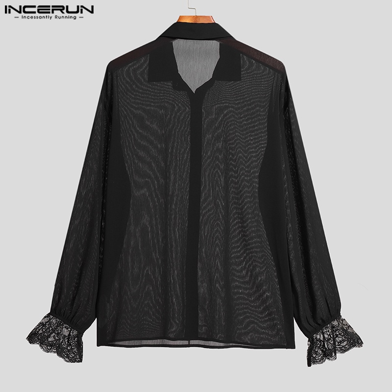 Áo sơ mi INCERUN tay loe phối ren lưới xuyên thấu cài nút sành điệu cho nam