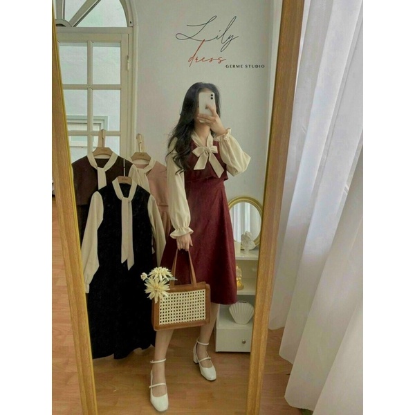 váy nhung da lộn 2 tầng cổ nơ váy tiêu thư chất đẹp màu đỏ nâu đen