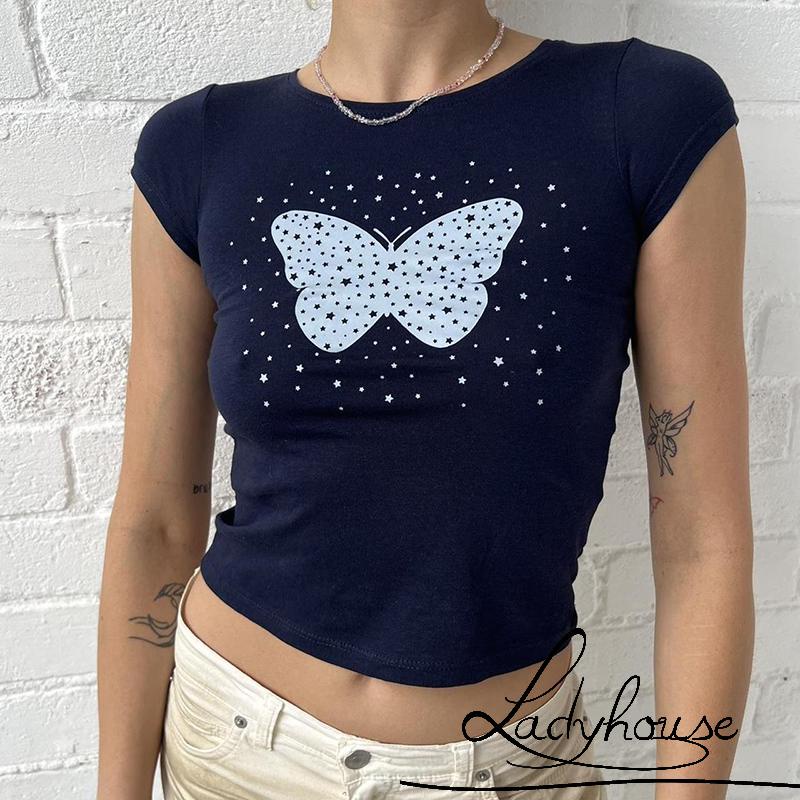 Áo Thun Cổ Tròn Tay Ngắn In Họa Tiết Bướm / Chấm Bi Thời Trang Mùa Hè Dành Cho Nữ