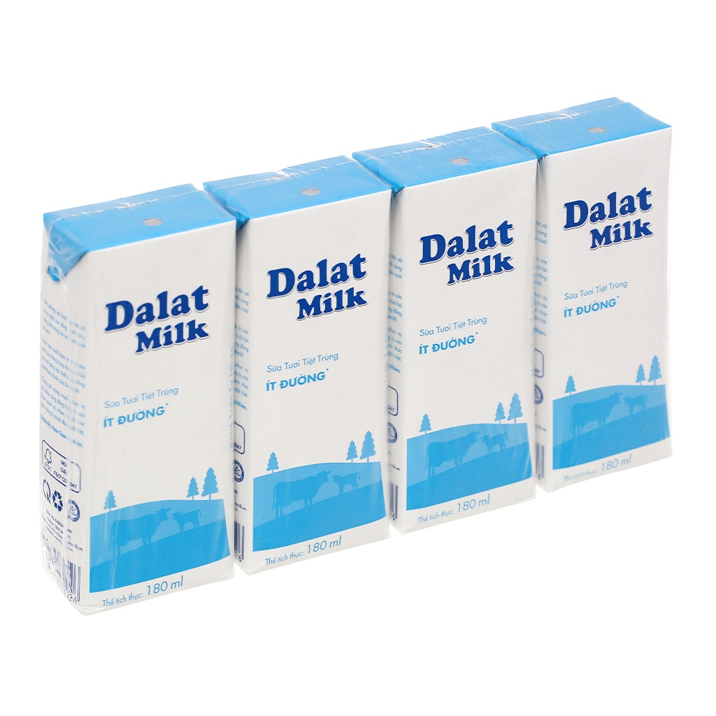 Sữa Dalatmilk Tiệt Trùng Có Đường/ Ít Đường/ Không Đường Vỉ 4 Hộp * 180ml - 110ml