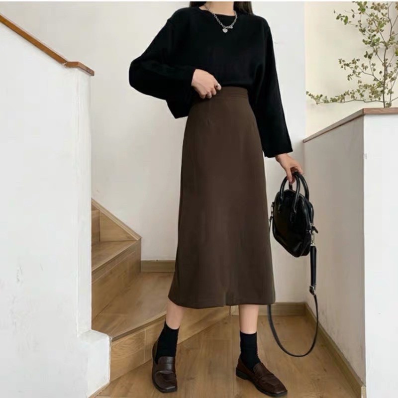 Chân Váy Dài Vintage Cạp Cao Tuyết Mưa Hàn Quốc Dáng Dài Công sở Đi Học Đi Du Lịch