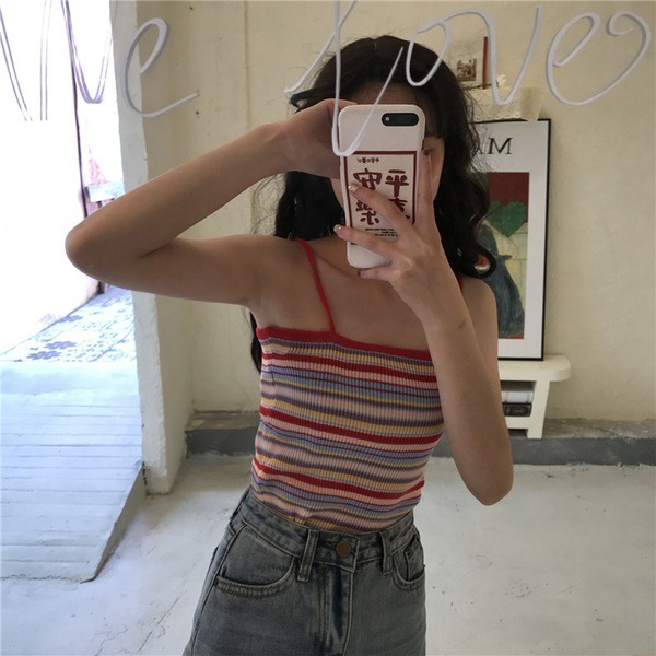 Áo 2 dây ZHELIHANGFEI dệt kim kẻ sọc màu cầu vồng