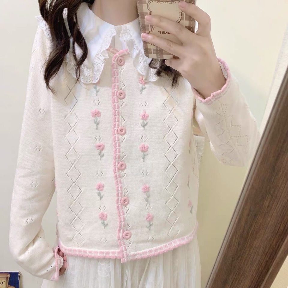 Jiashucheng Áo Khoác Cardigan Dệt Kim Thêu Hoa Màu Hồng Dễ Thương Thời Trang Thu Đông Cho Bạn Gái