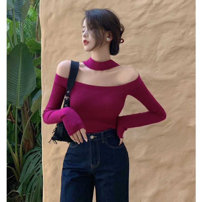 Áo dệt kim tay dài hở vai dáng ngắn thời trang mùa thu