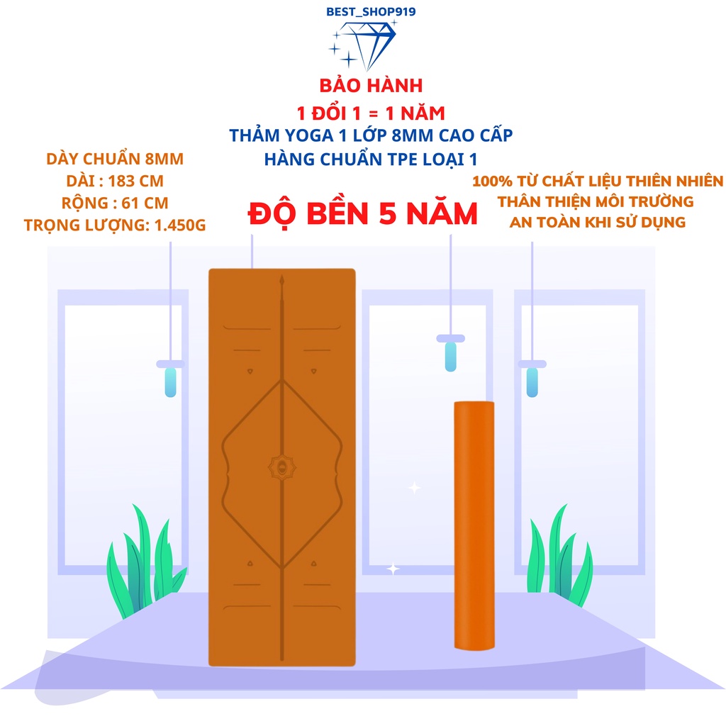 Thảm Tập YOGA Định Tuyến 8MM 1 Lớp Cao Cấp Chống Trơn Trượt Chuẩn TPE Tự Nhiên Bảo Hành Lỗi 1 Đổi 1 [ TẶNG TÚI ]