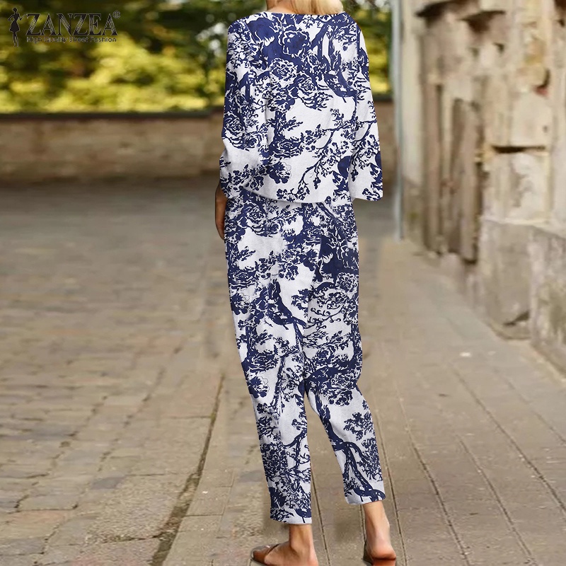 Bộ Đồ Nữ ZANZEA In Hoa Với Áo Blouse Tay Dài Và Quần Cotton Harem Thường Ngày