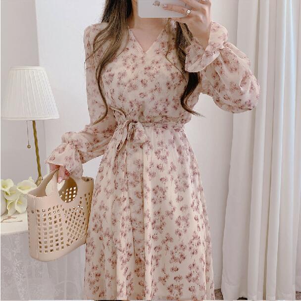 Đầm voan hoa SUXI tay dài cổ chữ v phong cách hàn quốc cho nữ