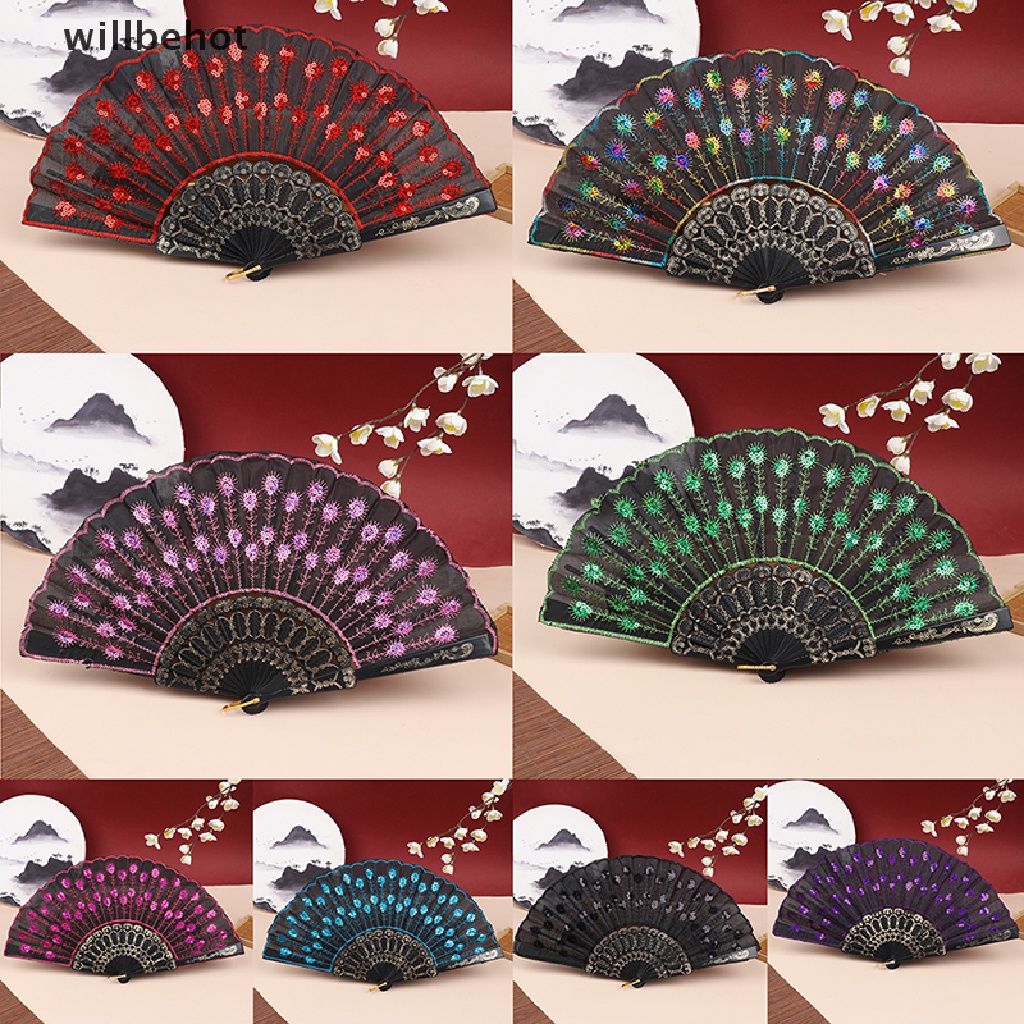 Quạt Xếp Cầm Tay Bằng Lụa Đính Kim Sa Hình Chim Công Nghệ Thuật Làm Quà Cưới