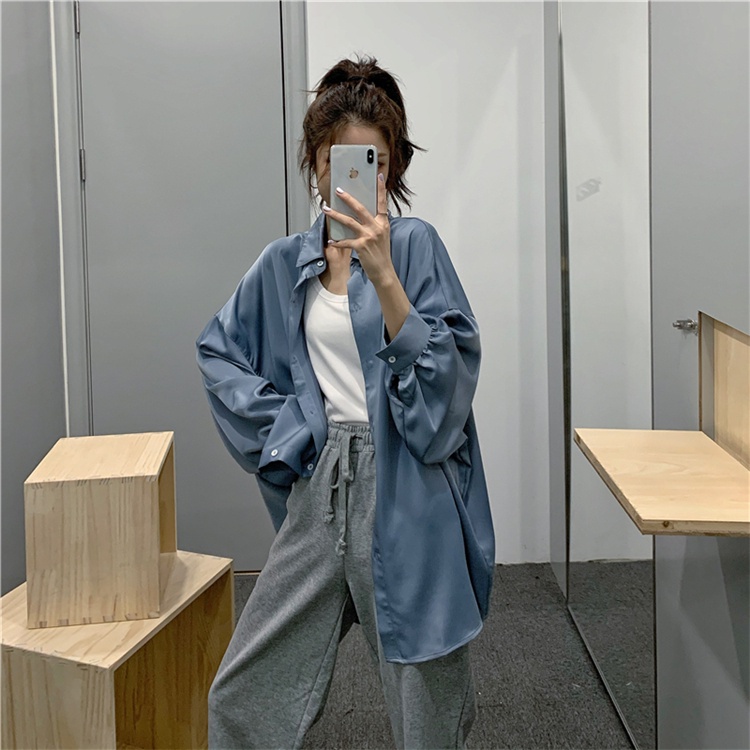 Áo sơ mi lụa tay phồng dài dáng rộng thời trang mùa xuân dễ phối đồ 17685