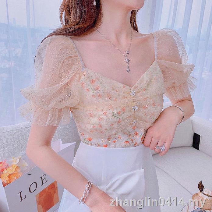 Áo chiffon tay ngắn phối lưới họa tiết hoa ngọt ngào phong cách phương tây thời trang mùa hè mới cho nữ