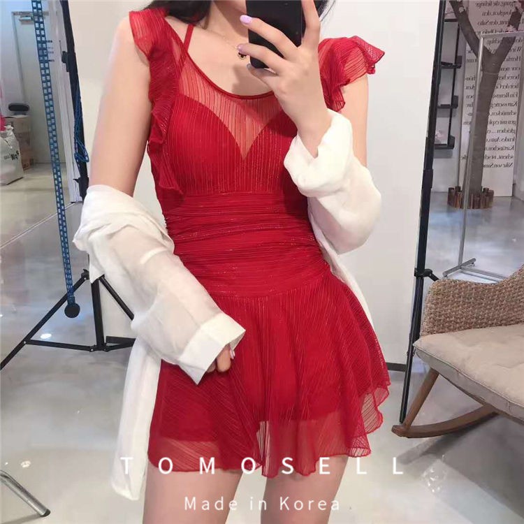 tu dungÁo tắm một mảnh nước nóng màu đỏ lưới xẻ tà kiểu mới nữ Hàn Quốc suối Dongdaemun sexy thần thép ngực nhỏ | BigBuy360 - bigbuy360.vn