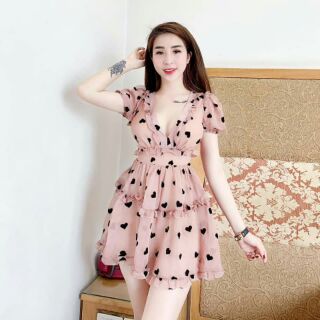 Váy cổ tim voan họa tiết trái tim