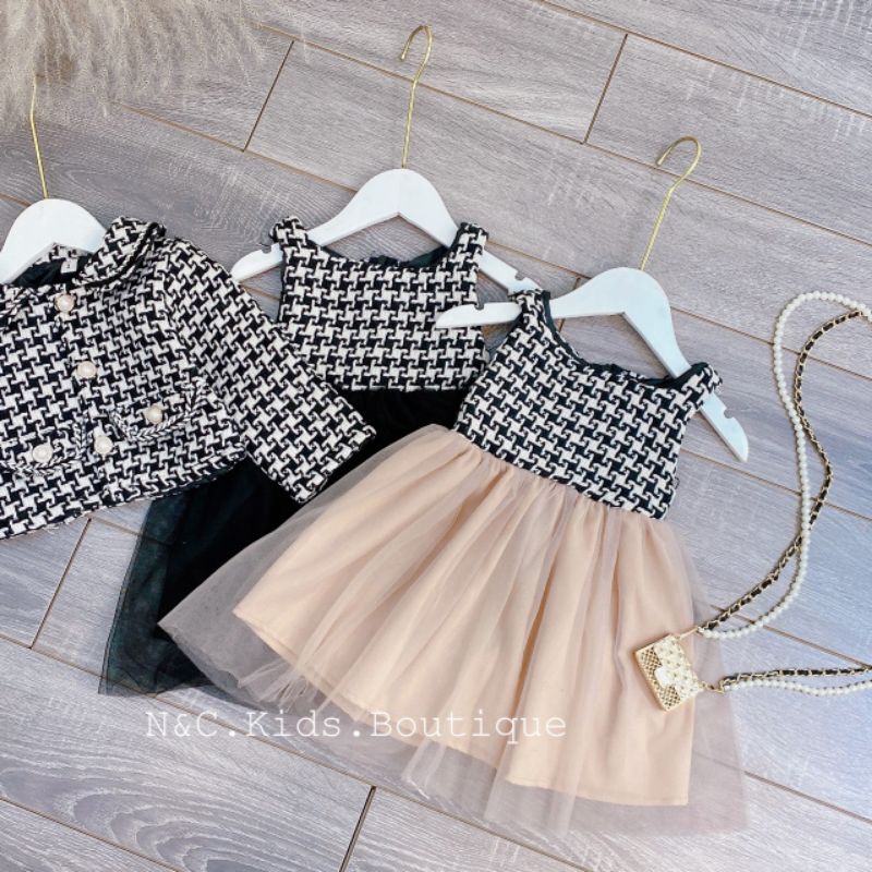 [Xả hàng] Sét váy dạ tweed chân váy ren bồng kèm áo khoác cúc ngọc cho bé gái, set dạ tweed diện Tết cho bé cực xinh