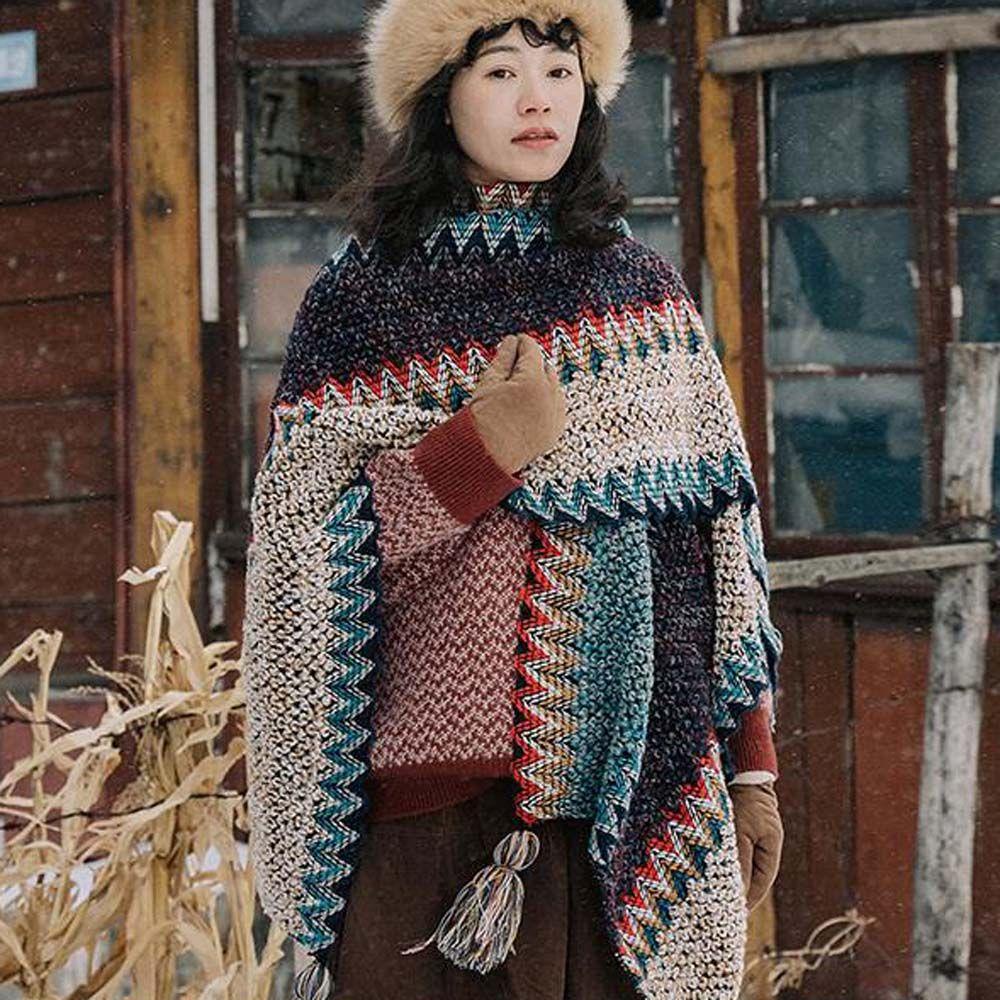 Khăn Choàng Cổ Mùa Đông Hình Tam Giác Phối Tua Rua Kiểu Dân Tộc 15H Cho Nữ