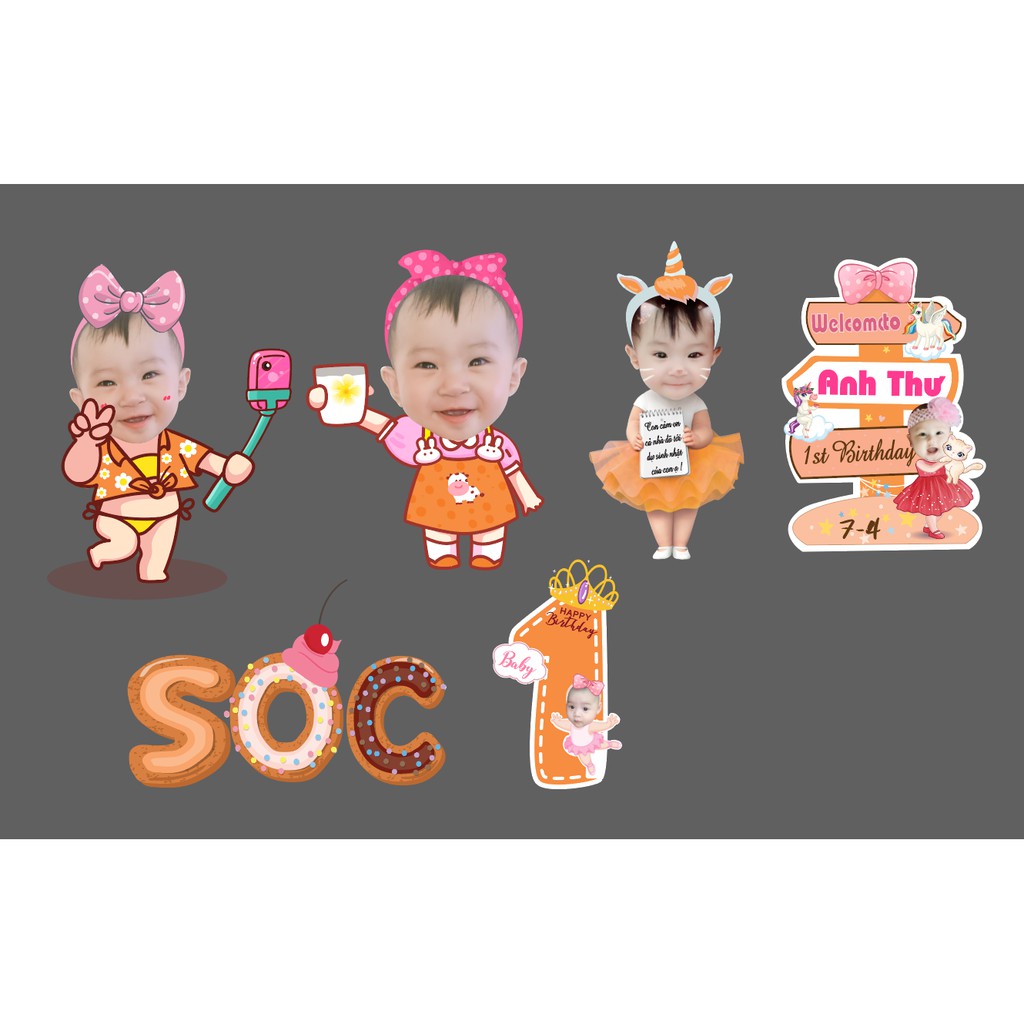 Combo hình chibi, bảng tên, welcome sinh nhật, trang trí bàn tiệc thiết kế riêng cho mỗi bé