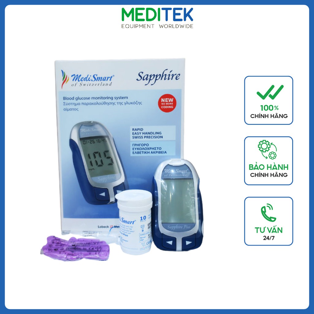 Máy đo đường huyết Nhật Bản MEDISMART SAPPHIRE PLUS kèm hộp 50 que test