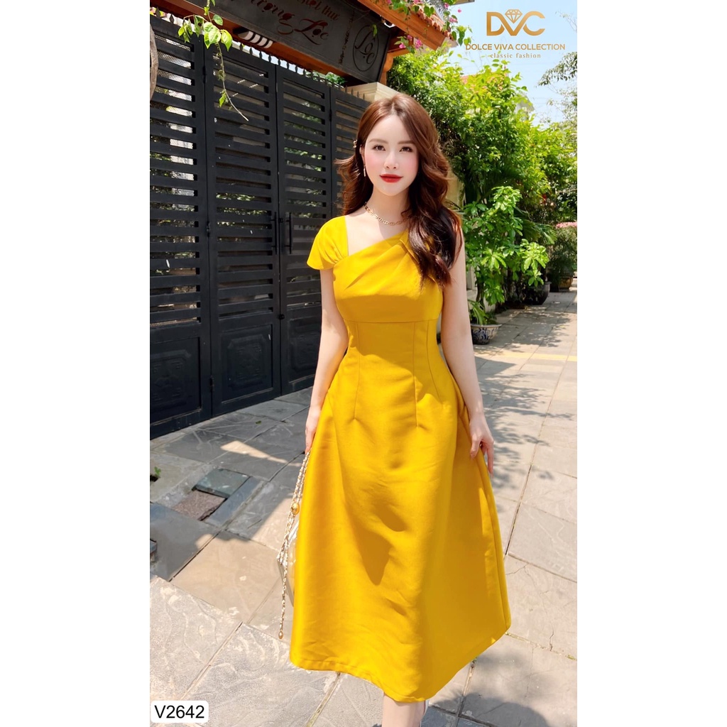 VÁY TAFTA VÀNG LỆCH VAI THIẾT KẾ CAO CẤP V2642 -DVC