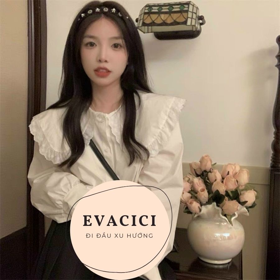 Áo sơ mi cổ 2 bèo viền ren độc đáo. Áo babydoll dài tay bồng chất mát