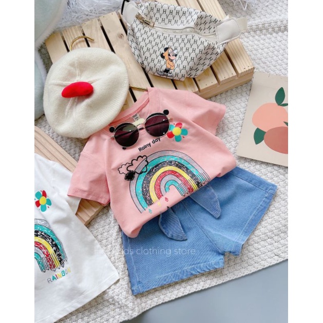 ✓8-18kg✓ Set bộ áo phông quần jean bé gái HB kids hoạ tiết cầu vồng