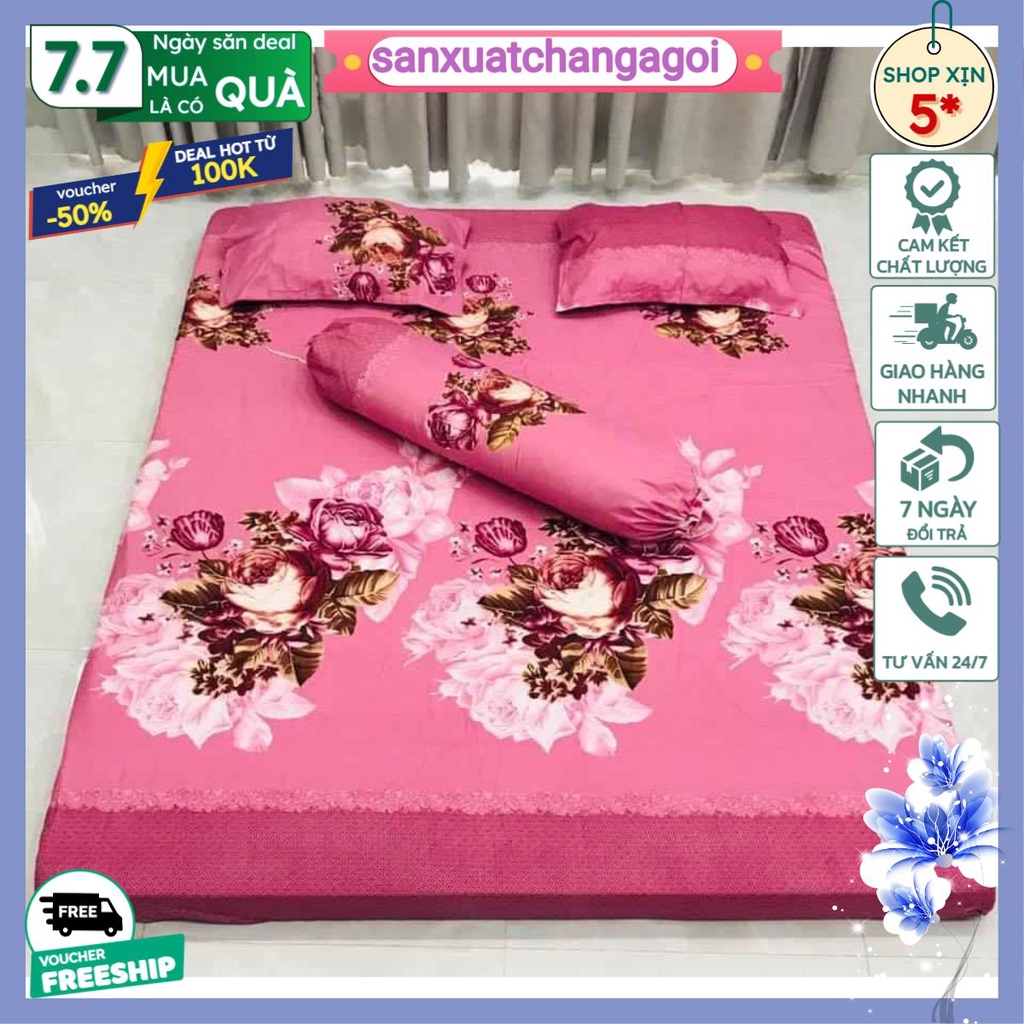 Bộ ga gối 1m8 kèm vỏ gối ôm poly sản xuất-hoa hồng