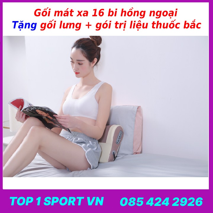 Gối mát xa - gối massage hồng ngoại 16 bi Junbu thế hệ 5.0 - Tặng kèm gối lưng + gói trị liệu thuốc bắc ngải cứu