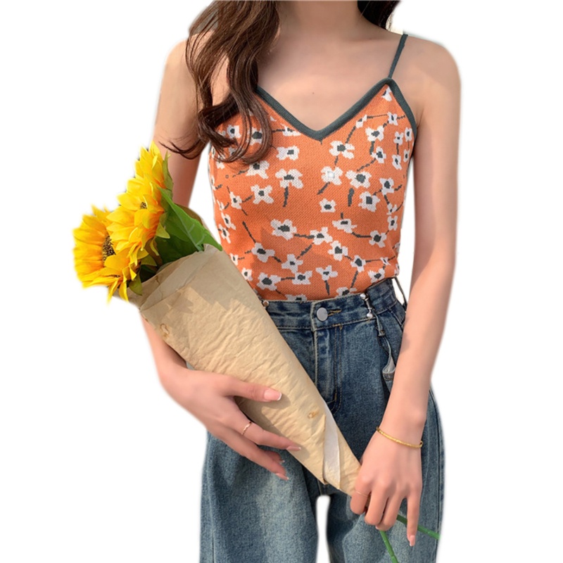 Youyo Áo Dệt Kim Hai Dây Cổ Chữ V Họa Tiết Hoa Nhiều Màu Sắc Ôm Dáng Phong Cách Vintage Quyến Rũ Dành Cho Nữ