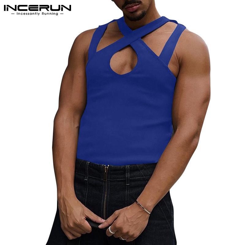 Áo tank top INCERUN không tay thiết kế chéo dây màu trơn thời trang cho nam
