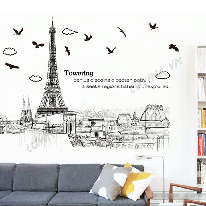 Decal dán tường trang trí quán cafe, văn phòng,phòng khách - Thành phố Paris nâu