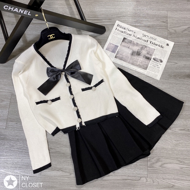 Áo cardigan viền nơ