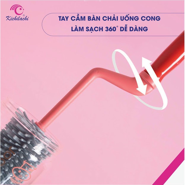 Cây Rửa Bình Sữa, Núm Vú, KICHI Quay 360 Độ, 1 Đầu Lớn, 1 Đầu Nhỏ ( Sợi Lông Cước Và Sợi Lông Silicon)