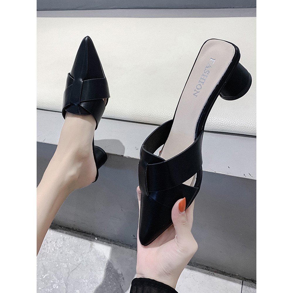 Baotou semi-slipper women wear fashionable wild 2020 spring and summer new Korean pointed pointed middle-heeled student mules