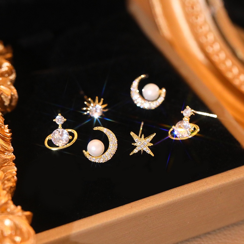 Set 6 khuyên tai JIUDUOLAN thiết kế mặt trăng ngôi sao đính đá nhân tạo nhỏ thời trang lấp lánh đơn giản dành cho nữ