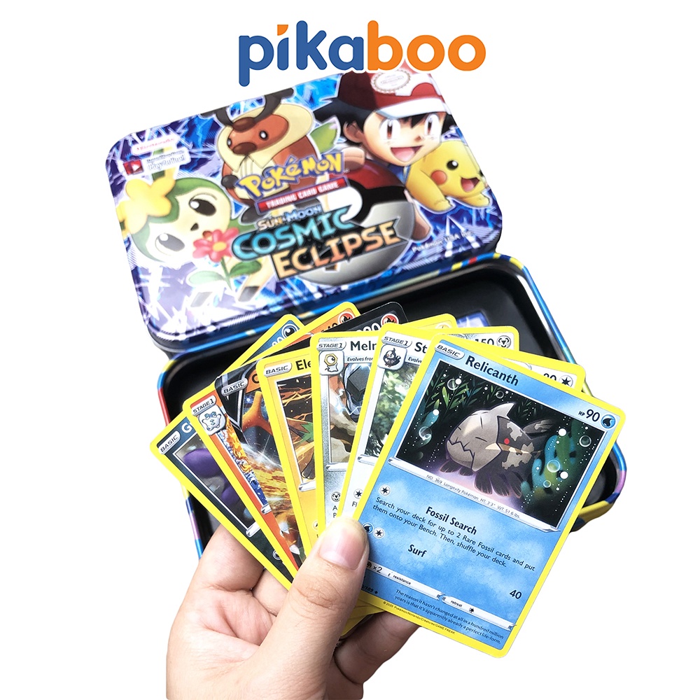 Bài Pokemon hộp sắt huyền thoại cao cấp Pikaboo, chất liệu giấy cứng, màu sắc sinh động, các quân bài siu tập đa dạng