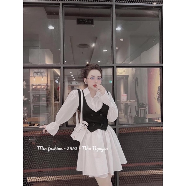 SET ĐẦM SƠ MI TAY DÀI + GILE ĐEN
