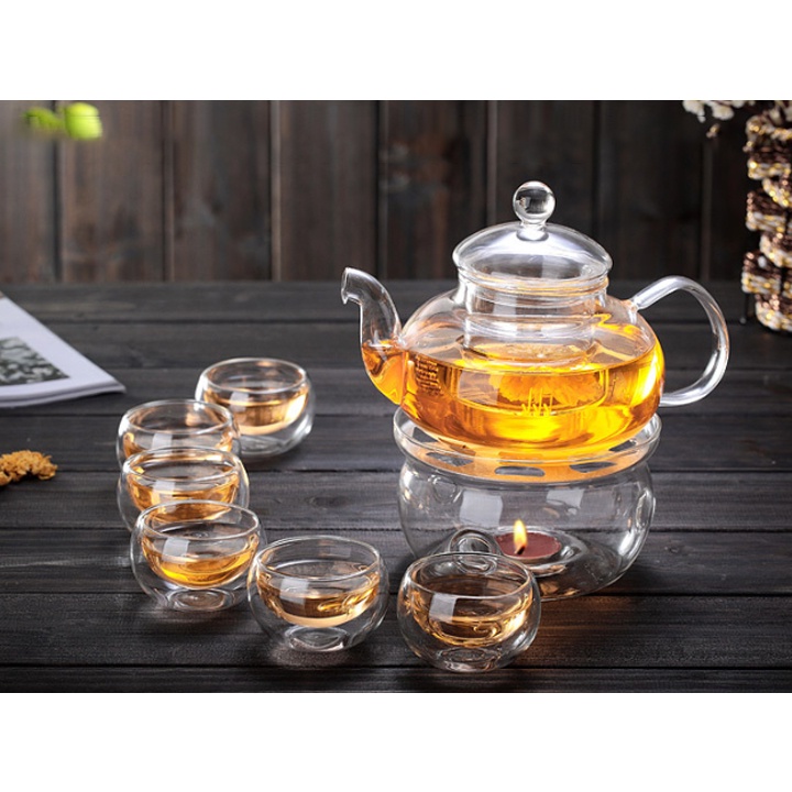 Bộ ấm pha trà thủy tinh kèm khay gỗ đẹp, bộ ấm trà thủy tinh 1 ấm thủy tinh chịu nhiệt và 6 chén kèm đế châm trà hoa cúc