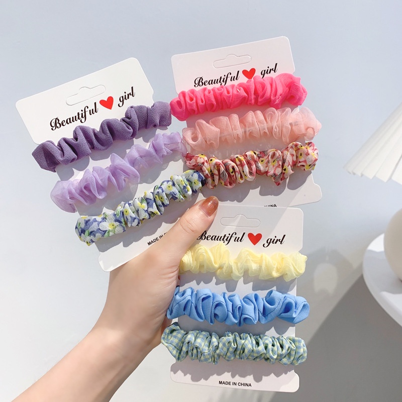 Set 3 Dây Cột Tóc Nữ Bằng Vải Nhiều Màu Họa Tiết Đơn Giản Thời Trang Phong Cách Hàn Quốc