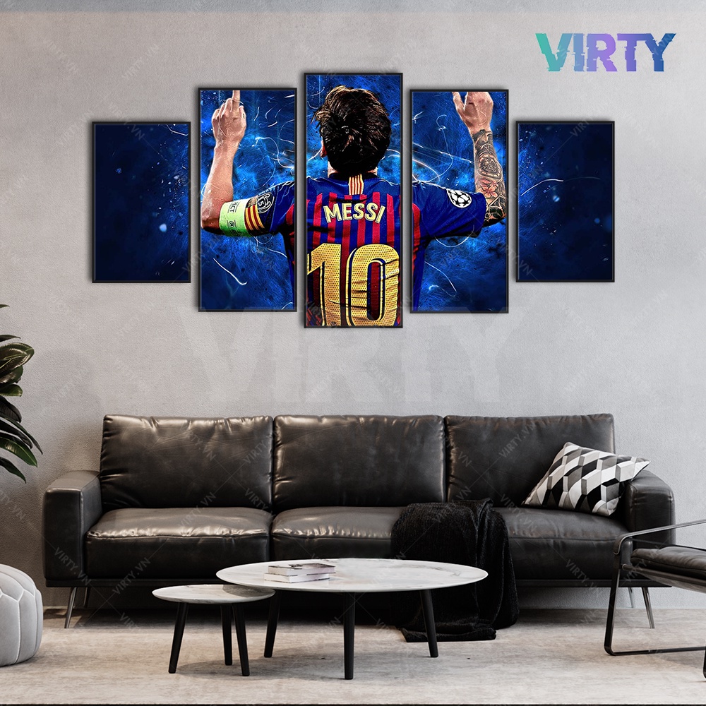 Bộ 5 Tranh treo tường cầu thủ bóng đá MESSI  kèm khung composite VIRTY Tranh Canvas decor phòng ngủ, phòng làm việc