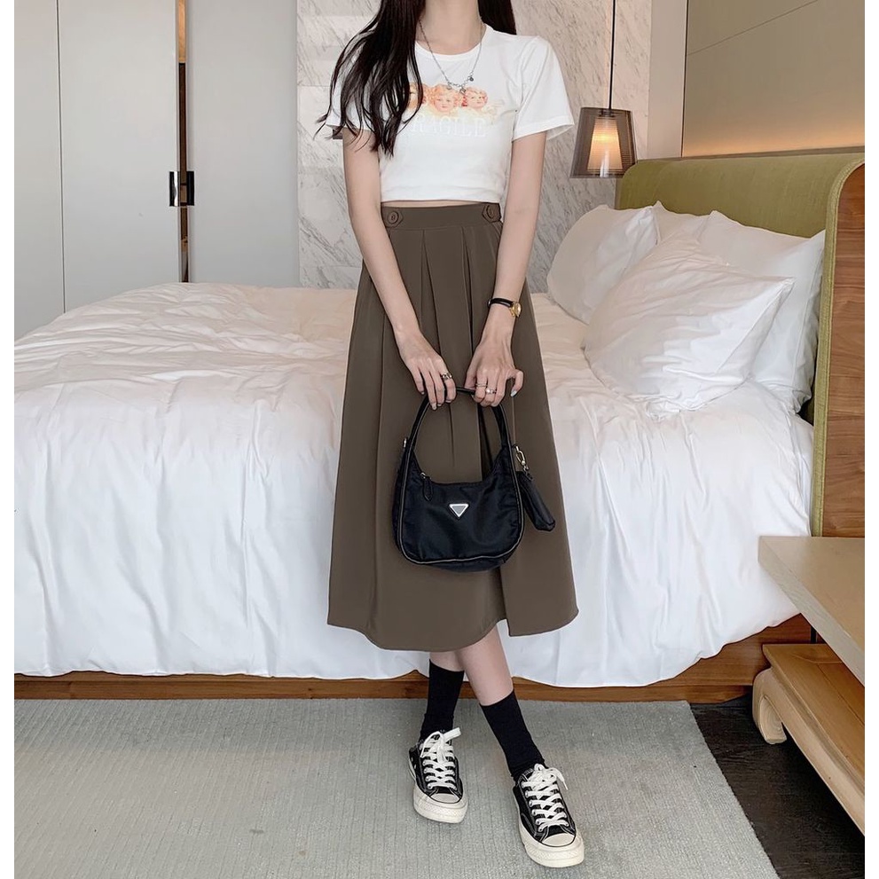 Chân Váy Chữ A Xếp Ly Lưng Cao Co Giãn Thời Trang Mới Cho Nữ