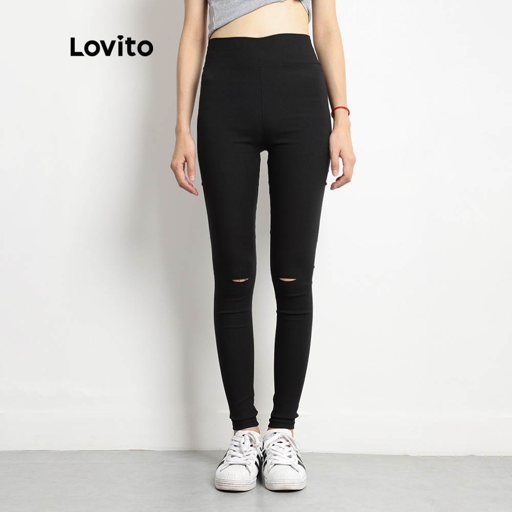 Quần Lovito phối rách có túi màu trơn thời trang đơn giản thường ngày L08155 (Màu đen)