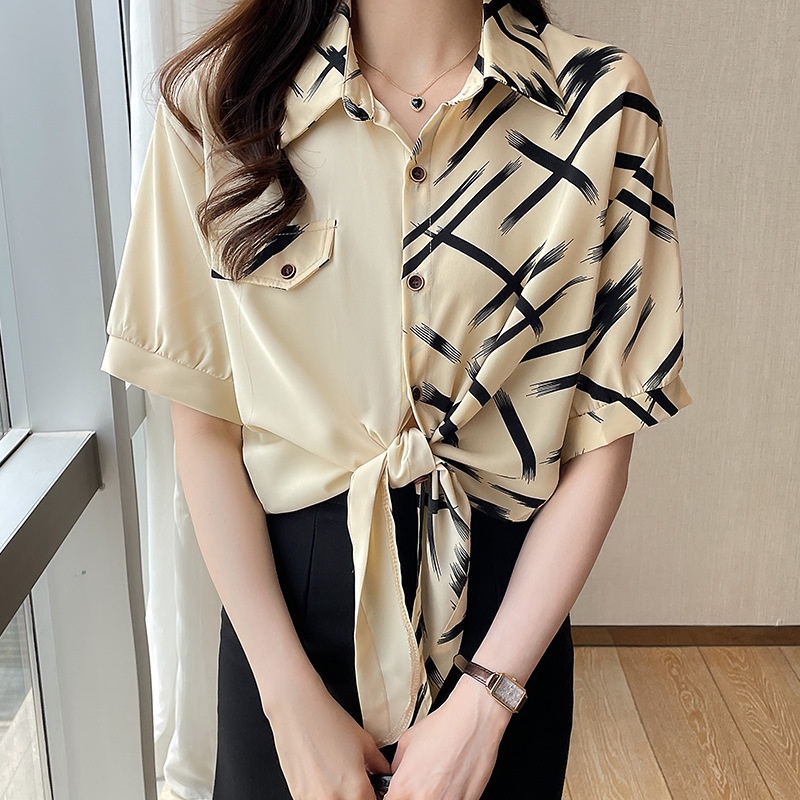 Áo Sơ Mi Chiffon Tay Ngắn In Họa Tiết Phong Cách Vintage