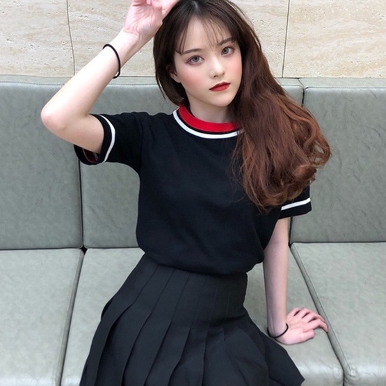 Áo thun ZHELIHANGFEI dệt kim tay ngắn màu sắc tương phản phong cách vintage sành điệu