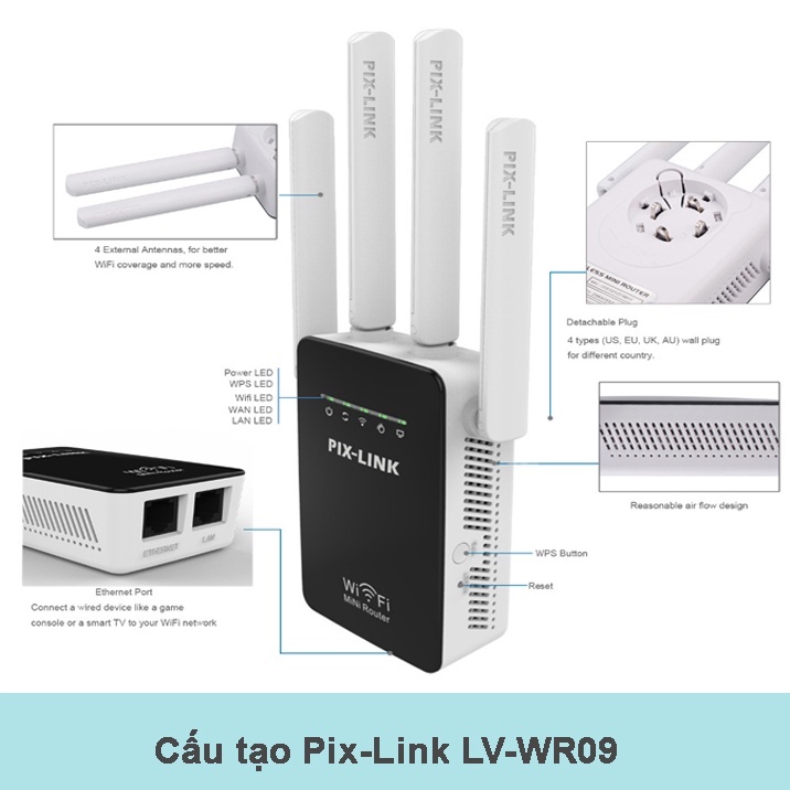 Kích sóng wifi tốc độ cao 4 râu 300M PIX-LINK LV-WR09 thiết bị mở rộng sóng bao phủ căn nhà, văn phòng, phát sóng rộng