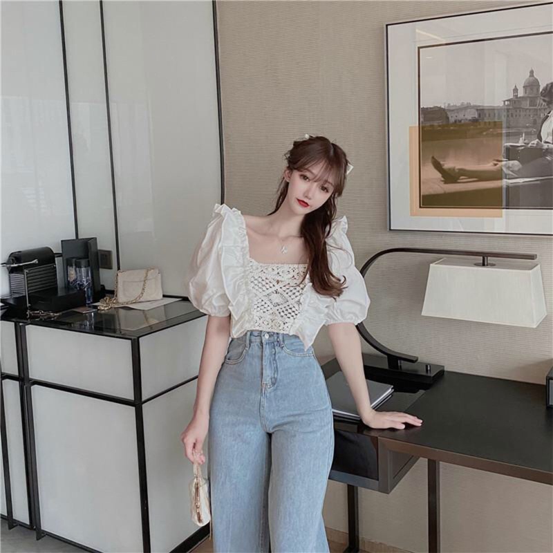 Áo Ren Dệt Kim Tay Phồng Ngắn Cổ Vuông Xếp Ly Phối Bèo Nhún Họa Tiết Vân Kim Cương Thời Trang Sang Trọng Cho Nữ