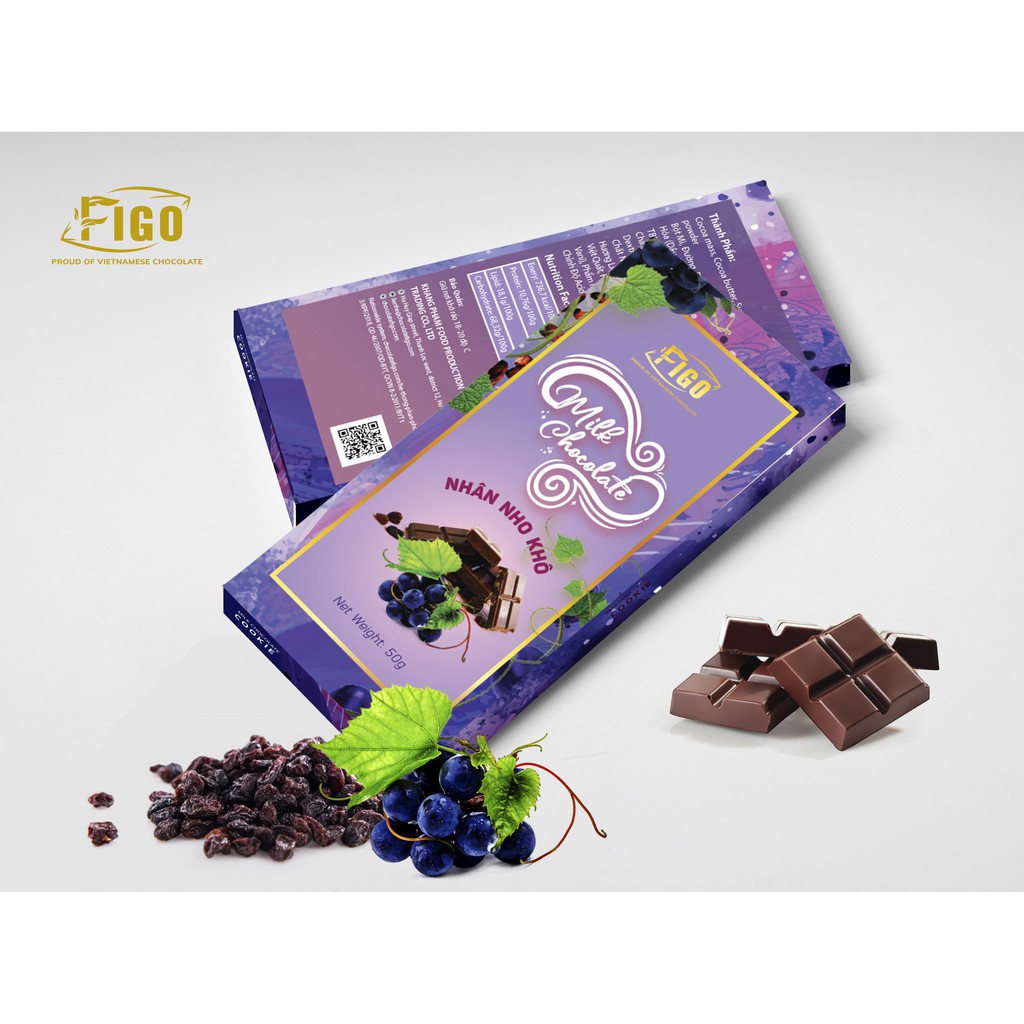 ( Chocolate thanh siêu nghiện )Kẹo socola thanh 50g vị sữa nhân nho khô tăng cân Figo, đồ ăn vặt nội địa cho bé, healthy