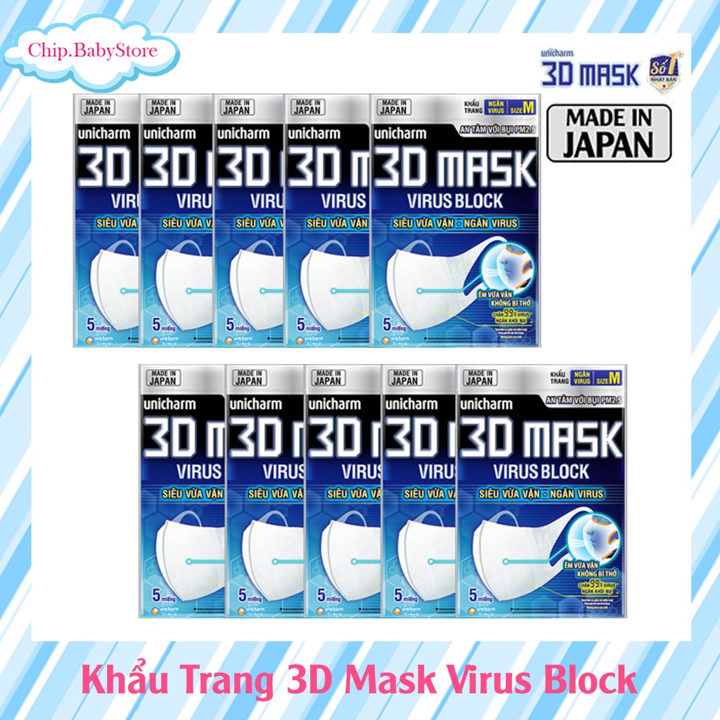 {Combo 10 gói} Khẩu Trang Ngăn Virus 3D Mask Chính Hãng Unicharm VN
