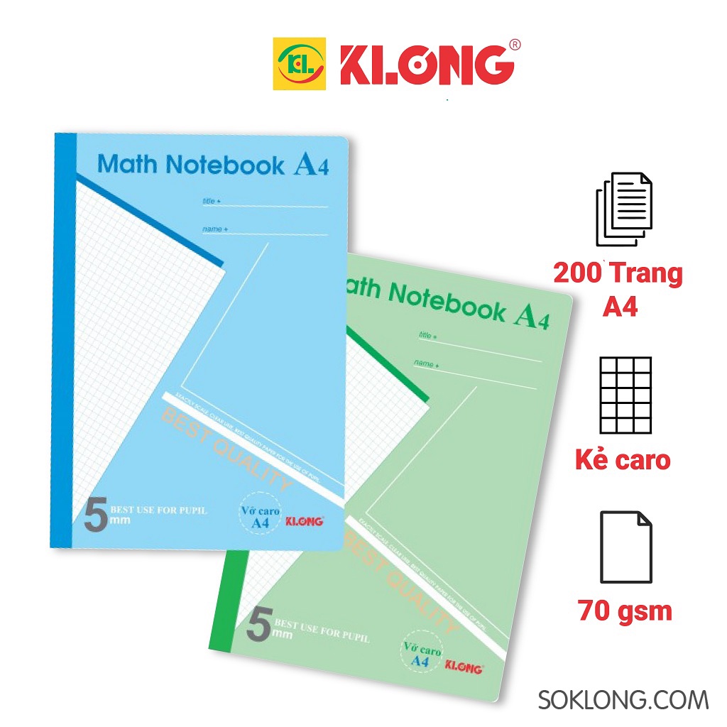 Vở Klong A4 Chọn Màu 200 trang caro Ms 298 Math Notebook, cuốn tập sổ Klong