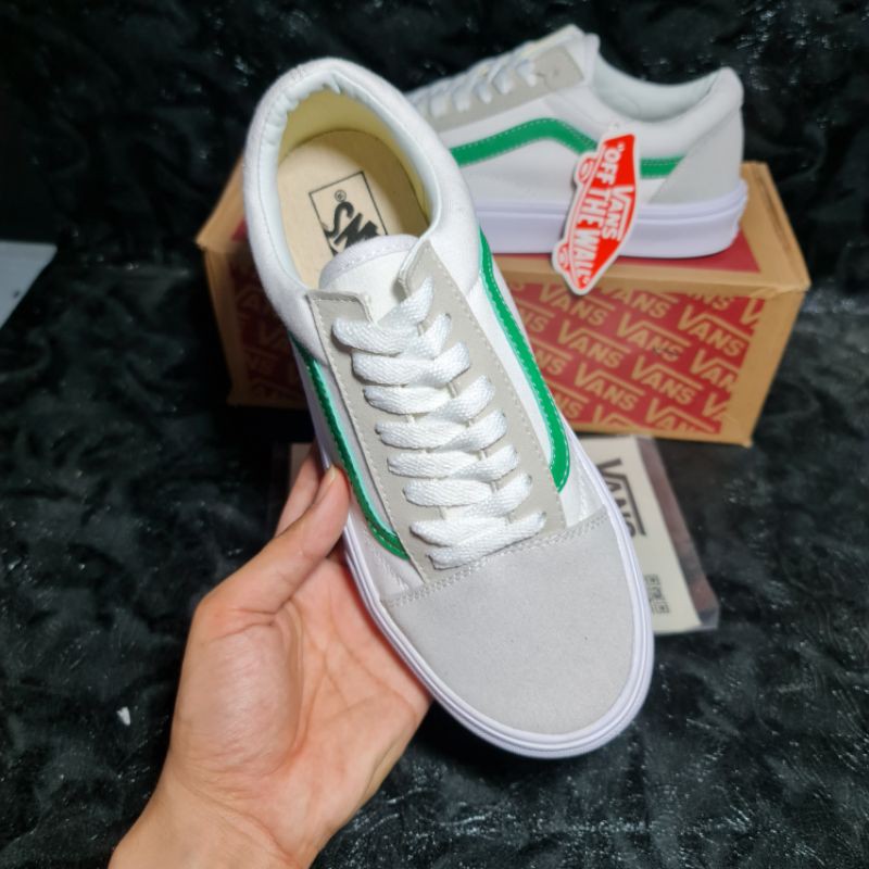 [Ảnh Thật + Video] Giày Vans Old Skool White Green || Giày Vans Old Skool Trắng Sọc Xanh Lá