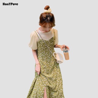 Set Áo chiffon tay phồng và Đầm dây in hoa màu xanh lục thời trang cho nữ (Có bán lẻ)