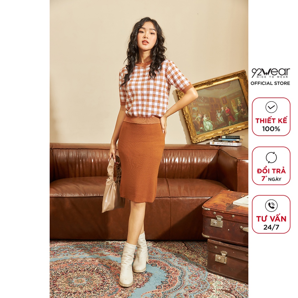 Áo len nữ ngắn tay cổ tròn 92WEAR, phong cách Hàn Quốc trẻ trung, họa tiết caro cá tính  ALA0056 | BigBuy360 - bigbuy360.vn